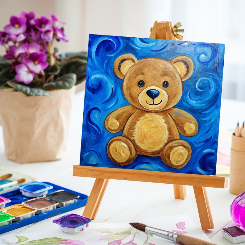 Digital Paint Party Toolkit featuring a teddy bear design. Includes a pre-drawn canvas tracer and instructions for an easy and fun paint and sip event. Perfect for adult craft parties and art enthusiasts.