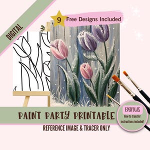 Gefrostete Tulpen Sip and Paint Party Kit Leinwand, Vorgezeichnete Vorlage für DIY Art Parties, druckbare Schablone, Paint Night Png Outline, Digital