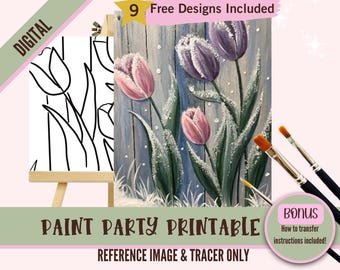 Frosted Tulips Sip and Paint Party Kit Canvas, Pre drawn Template for DIY Art Parties, Printable Stencil, Paint Night Png Outline, Digital