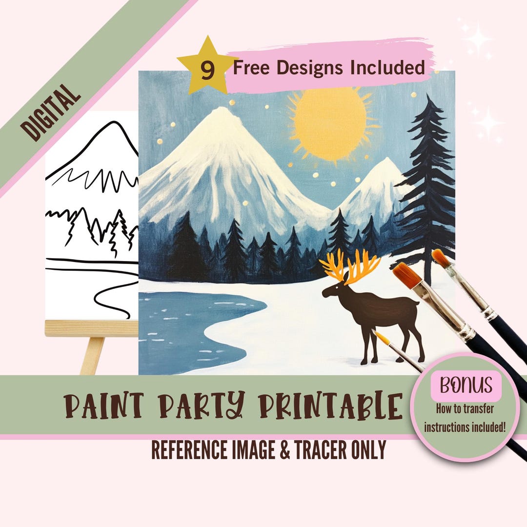 Winter Landscape Sip and Paint Party Kit Canvas, Pre Drawn Template for ...