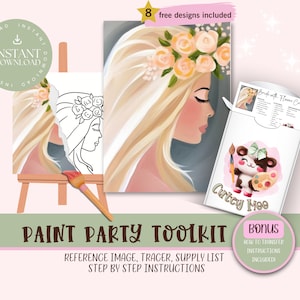 May include: A digital paint party toolkit featuring a floral-crowned woman with blonde hair. The toolkit includes a reference image, a tracer, a supply list, and step-by-step instructions.  The toolkit also includes a bonus guide on how to transfer images.  The text "Cutey Moo" is visible in the image.