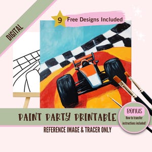 Op de afbeelding: Een digitale download voor een verfparty-printbaar met een rode, oranje en gele raceauto die een geblokte finishlijn oversteekt. De afbeelding bevat een zwart-witte omtrek van de raceauto om te traceren.