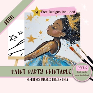 Kit de fiesta de pintura y sorbos de bailarina caprichosa, plantilla prediseñada para fiestas de arte de bricolaje, plantilla imprimible, contorno PNG de noche de pintura