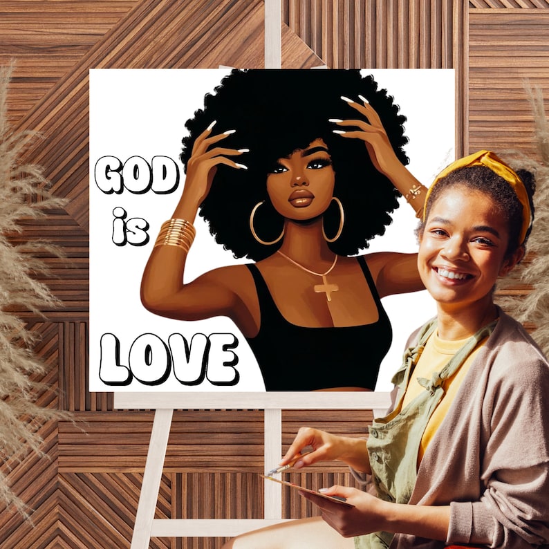 This digital painting kit features a 'God is Love' Afro woman theme with a pre-drawn canvas, perfect for sip and paint parties. Suitable for adults and teens, the DIY art kit includes detailed transfer instructions.