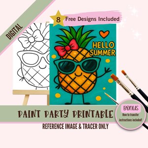 Vibrações de verão PNG para uma festa de pintura artística, kit de estêncil de tela pré-desenhado DIY de abacaxi, perfeito para colorir, pintar e beber festas
