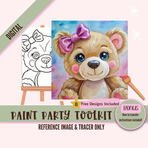 Teddy Bear Paint Party Sublimation PNG Tracer - Arte digital de bricolaje, plantilla de lienzo predibujada, perfecto para manualidades, pintura y fiestas de sorbos
