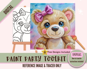 Teddy Bear Paint Party Sublimation PNG Tracer - Digital DIY Art, Pre-Drawn Canvas Stencil, Perfect for Crafting and Paint and Sip Parties