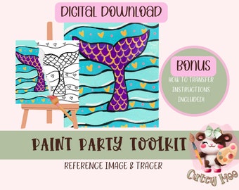 May include: Digital download paint party toolkit featuring a mermaid tail with purple and gold scales on a blue and white striped background with hearts. Includes a reference image and a tracer.