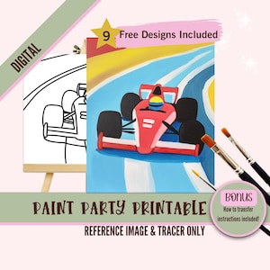 Rennwagen Sip and Paint Party Kit Leinwand, Vorgezeichnete Vorlage für Kunstpartys, druckbare Paint Night Png-Gliederung, Birthday Boy Racing Sport