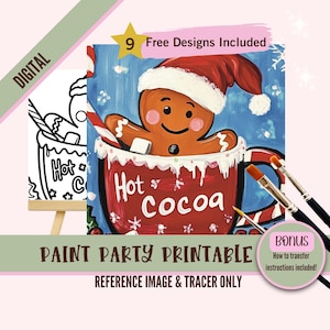 Festa de pintura de biscoito de gengibre com chocolate quente para impressão, modelo de arte em tela de Natal, rastreador de pintura digital, download de design de noite de pintura de feriado faça você mesmo