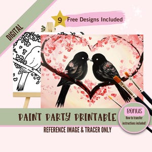 Valentinstag Sip and Paint Date Night - Liebesvögel Druckbare vorgefertigte Farbe auf Leinwandvorlagen - Perfekt für Paare und Partys