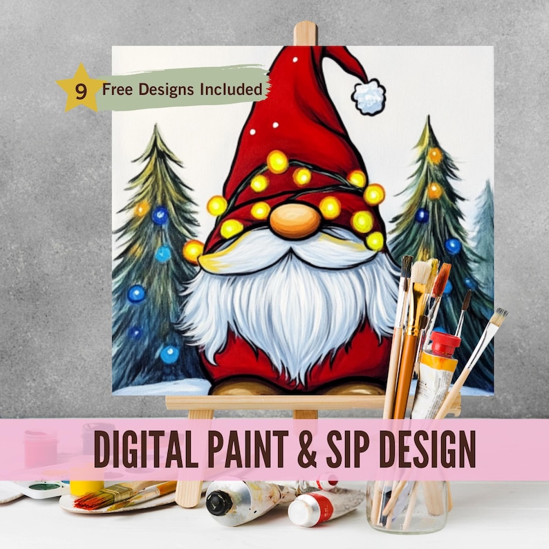 May include: Digital paint and sip design featuring a gnome wearing a red hat with yellow lights wrapped around it. The gnome is standing in front of two green Christmas trees with blue ornaments. The text "9 Free Designs Included" is in the top left corner of the image.