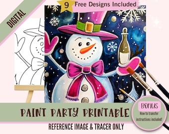 New Year's Eve Snowman Paint Party Template, Winter Sip and Paint Design, Holiday DIY Art Kit, Digital Downloadable Tracer for Beginners