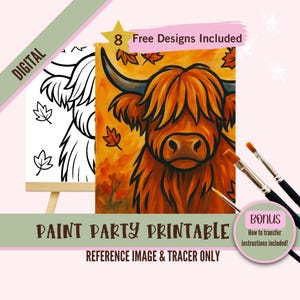 Süßes Highland Cow Paint Party Printable - Flauschige schottische Kuh mit Herbstlaub Referenzbild & Tracer - Bauernhaus Farbe und Schluck Digital