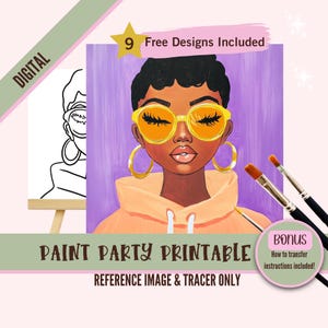 May include: Digital paint party printable featuring a woman with brown skin wearing a peach hoodie and yellow sunglasses. The image includes a black and white line art tracer for the painting.