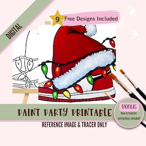 Plantillas para pintar y beber con luces navideñas, transferencia de imágenes para fiestas con pintura acrílica de zapatillas, lienzo de noche para pintar con gorro de Papá Noel