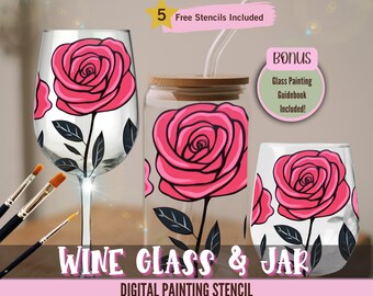May include: Digital painting stencil for a wine glass and jar featuring a pink rose design. The stencil includes five free stencils and a glass painting guidebook.