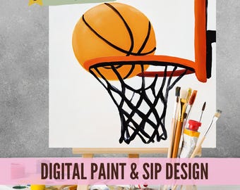 Plantillas para pintar y beber con baloncesto, arte con plantillas descargables, transferencias de imágenes para fiestas con pintura acrílica deportiva, descarga digital de lienzo para pintar por la noche