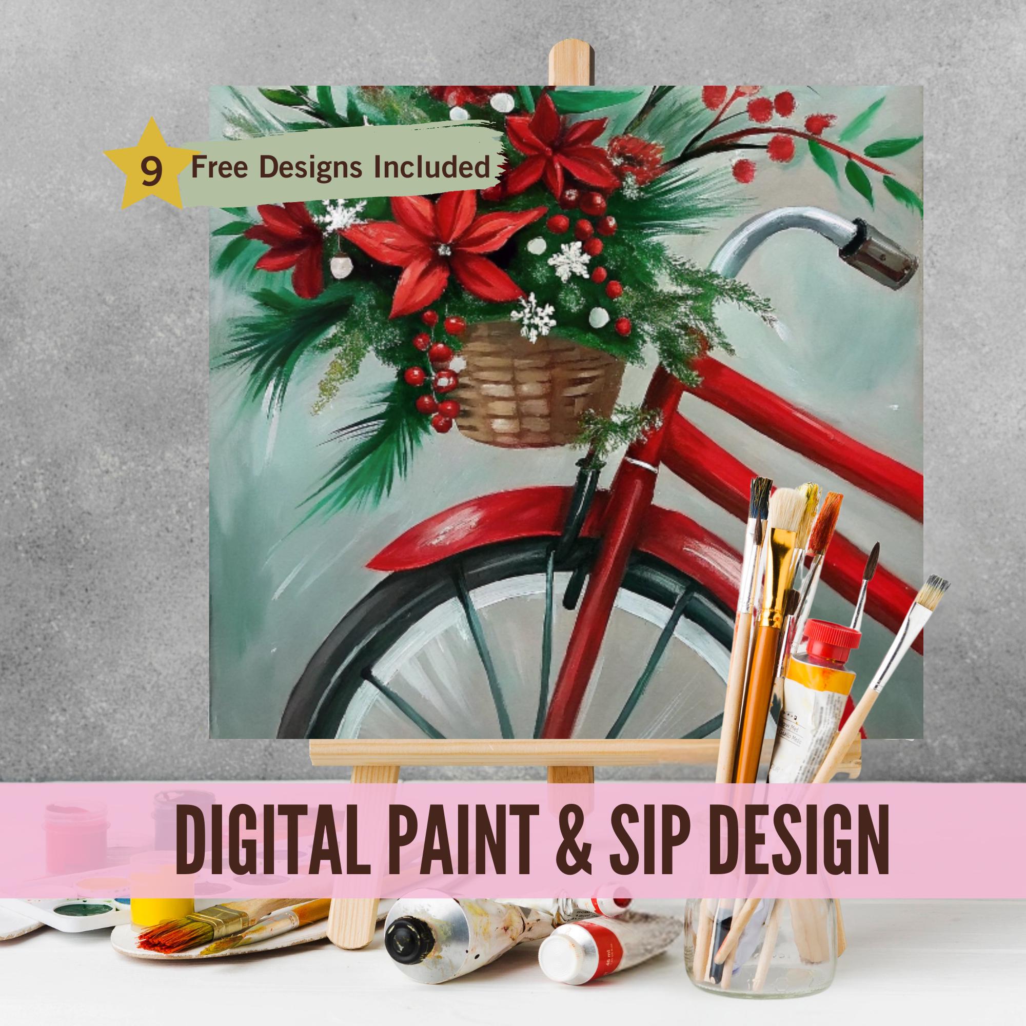 Holiday Bike Sip and Paint Party Kit Canvas, Pre Drawn Template for DIY ...