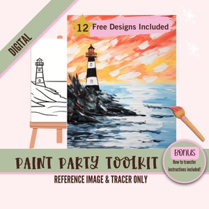 Fiesta de pintura de faro imprimible, trazador PNG de sublimación - arte digital diy, plantilla de lienzo predibujada, perfecto para fiestas de pintura y sorbos