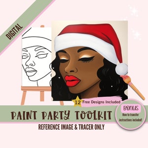 Christmas Afro Lady Paint Party Printable - DIY Santa Digital Painting Kit for Adults - Sip and Paint Canvas Art Set - Pre-drawn Stencil