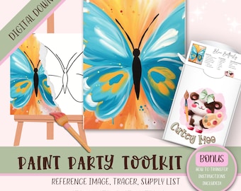 May include: A paint party toolkit featuring a blue butterfly painting. The kit includes a reference image, tracer, and supply list. The artwork is displayed on an easel, with a paintbrush and a bonus guide for transferring instructions.