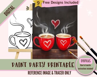 Valentines Day Adult Sip and Paint Date Night - Love Birds Printable Predrawn Paint On Canvas Templates - Perfect for Couples and Parties