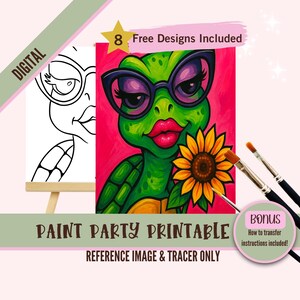 Glam Turtle Paint Party Printable Tracer & Malseite | Niedliche Reptilien Kunst Digital Download | Sonnenblumen DIY-Kit