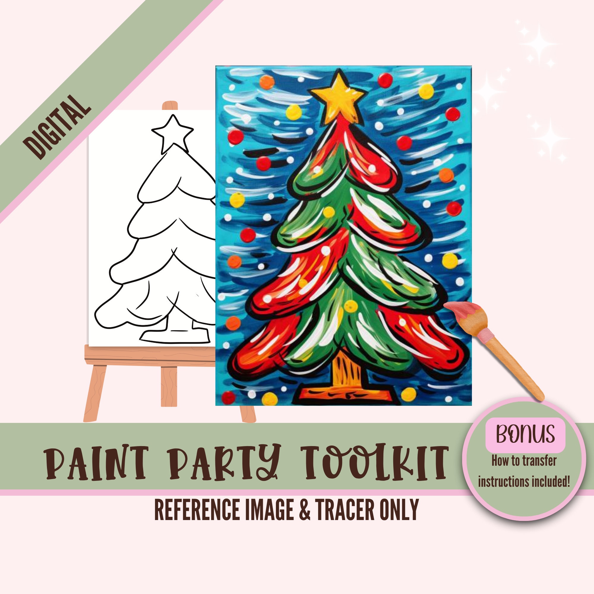 Holiday Paint Party Kit - Christmas Tree Canvas, Pre-drawn Tracer