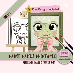 Kit de fête à siroter et à peindre sur toile, modèle de grenouille pré dessiné pour les fêtes d'art bricolage, pochoir imprimable, contour Png de nuit de peinture, téléchargement numérique