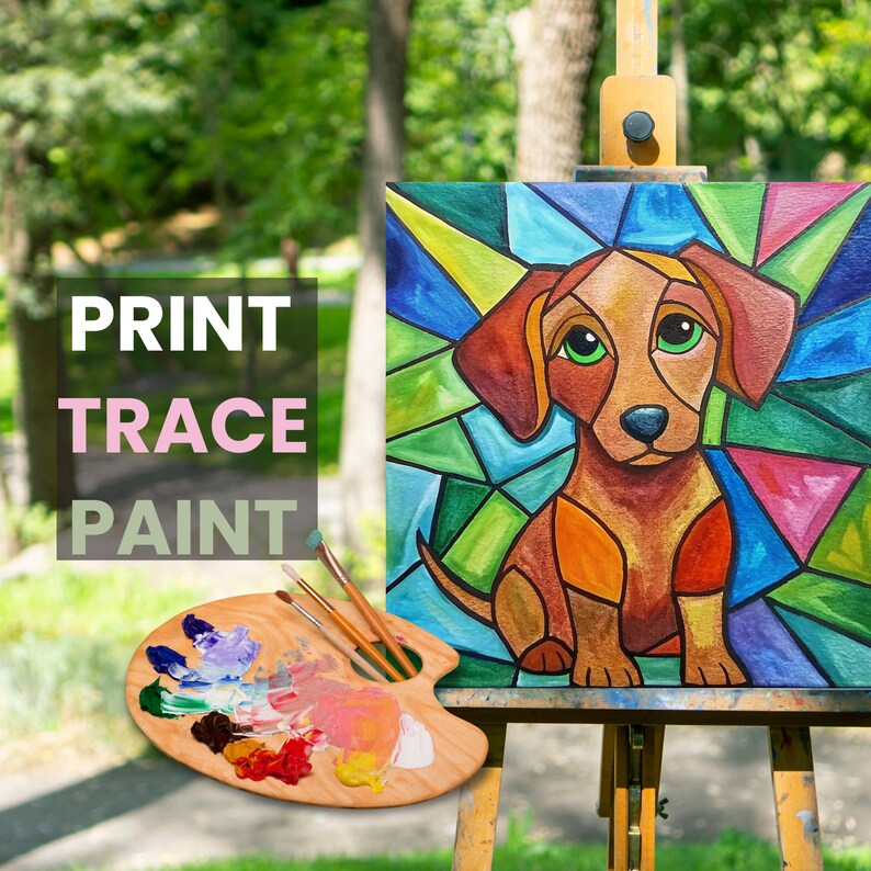 Digital Paint Party Toolkit featuring a stained glass dog design. Includes pre-drawn canvas tracer for easy paint and sip events. Perfect for adult craft parties, DIY art projects, and painting enthusiasts looking for a fun and creative activity.