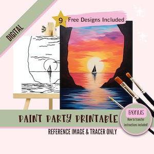 Escena de velero al atardecer pre dibujada - Kit de lienzo para beber y pintar, kit de herramientas para fiestas de pintura, arte imprimible diy para adultos, actividad artesanal divertida, digital