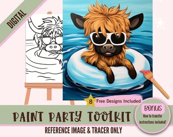 Baby Highland Cow Coloring Page, Paint Party Sublimation PNG Tracer Design - Digital DIY Art, Pre-Drawn Canvas for Paint and Sip Parties