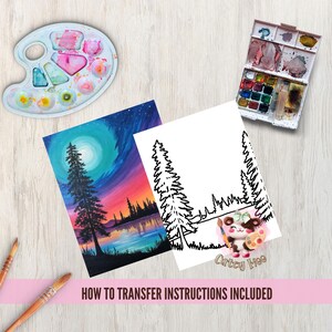 K&ouml;nnte beinhalten: Ein Malen-nach-Zahlen-Set mit einer farbenfrohen Sonnenuntergangsszene mit einem See und B&auml;umen. Das Set enth&auml;lt eine vorgedruckte Leinwand, Acrylfarben und Pinsel. Eine Anleitung zum &Uuml;bertragen ist enthalten.