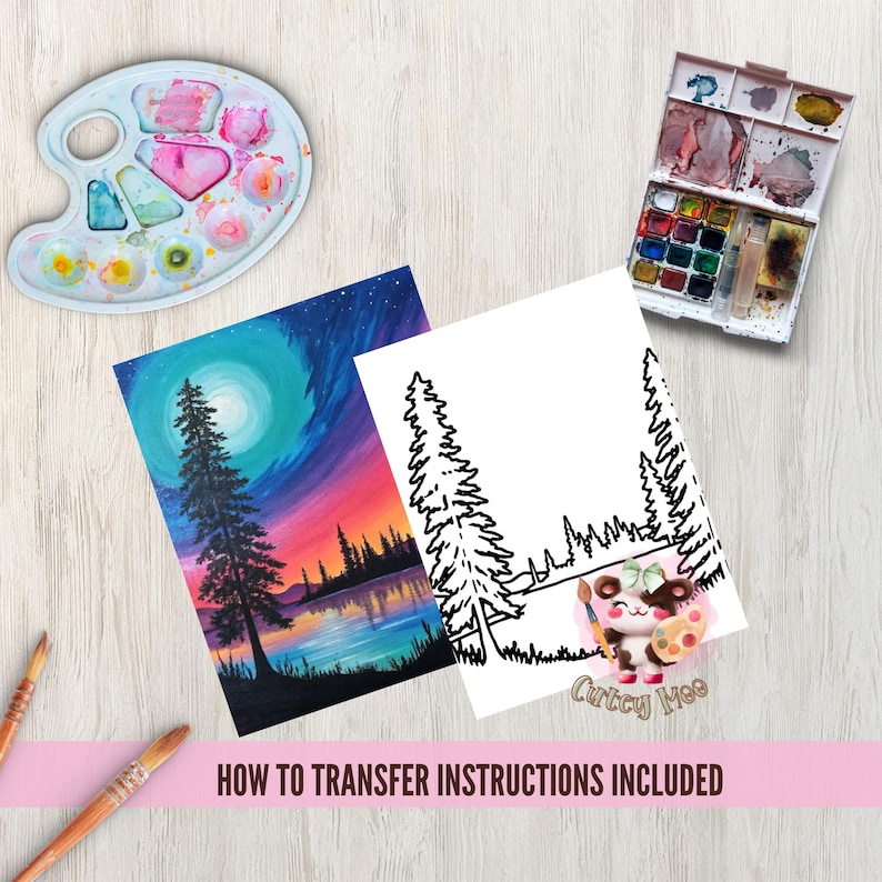 K&ouml;nnte beinhalten: Ein Malen-nach-Zahlen-Set mit einer farbenfrohen Sonnenuntergangsszene mit einem See und B&auml;umen. Das Set enth&auml;lt eine vorgedruckte Leinwand, Acrylfarben und Pinsel. Eine Anleitung zum &Uuml;bertragen ist enthalten.