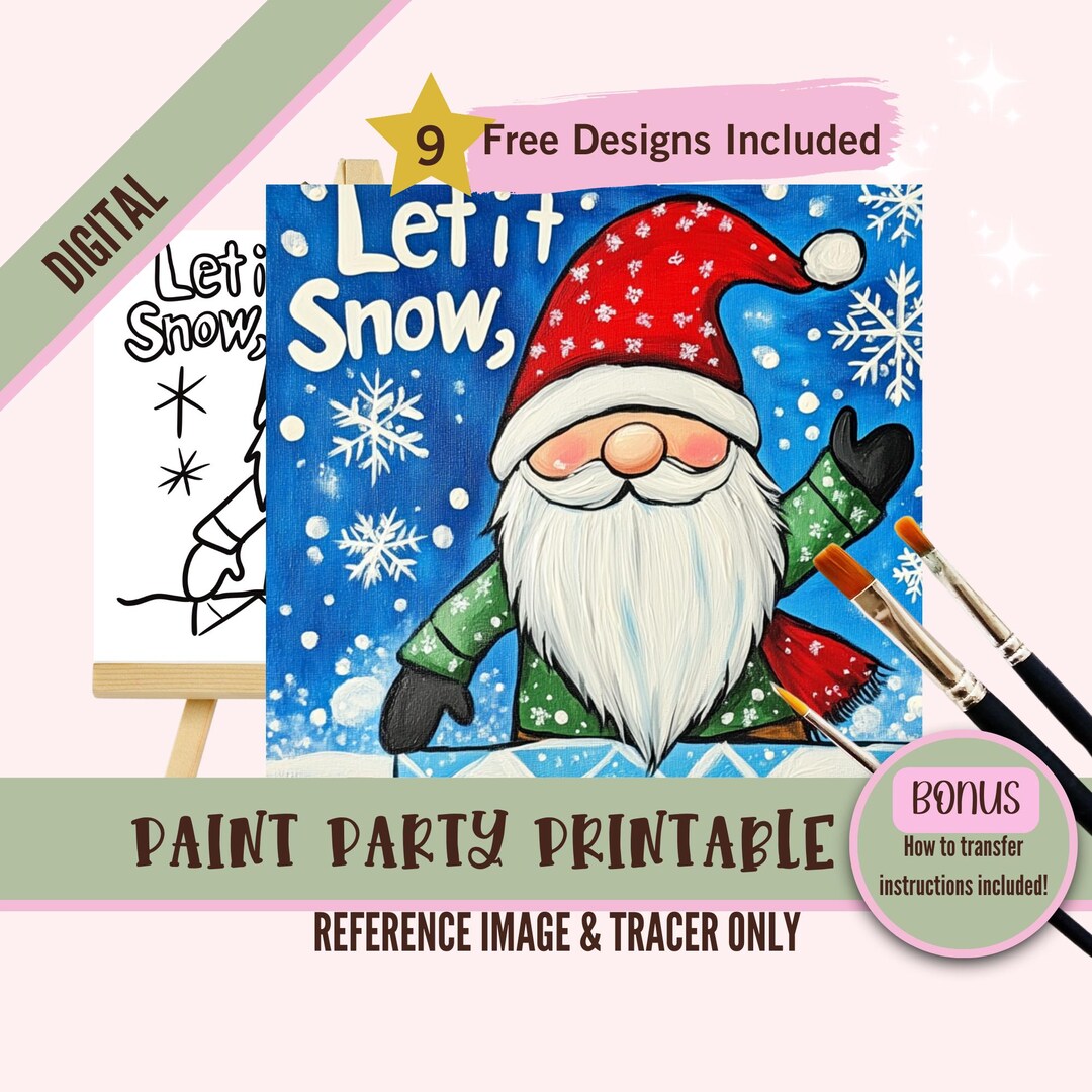 Let It Snow Gnome Sip and Paint Party Kit Canvas, Pre Drawn Template ...