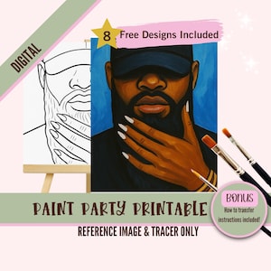 Traceur PNG bel homme noir barbu, peinture artistique, kit de pochoirs sur toile prédessinés bricolage, parfait pour colorier, peindre et siroter des fêtes