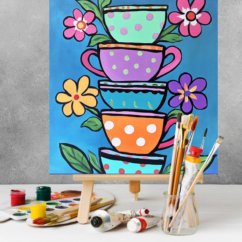 Stacked Teacups Sip and Paint Party Kit Canvas, Pre Drawn Template for ...