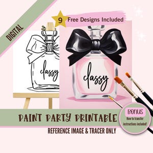 Ladies Night slokje en verf canvas, voorgetekende sjabloon voor DIY schilderij feest, afdrukbare stencil, Paint Night Out png-overzicht, stijlvolle kunst