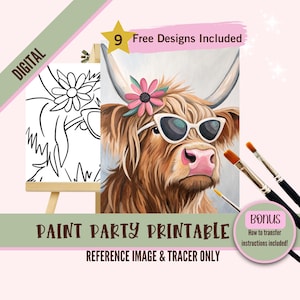 May include: Digital download of a paint party printable featuring a Highland cow with sunglasses and a flower crown. The printable includes a reference image and a tracer for painting.