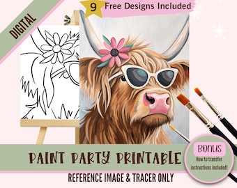 Highland Cow Painting Template, Cool Cow Sip and Paint, DIY Art Stencil, Farmhouse Cow Traceable, Country Chic Decor Printable