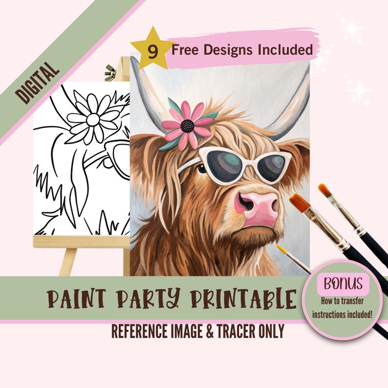 May include: Digital download of a paint party printable featuring a Highland cow with sunglasses and a flower crown. The printable includes a reference image and a tracer for painting.