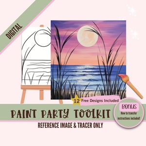 Zomer maanverlichte strand verf partij afdrukbare kit - landschap digitale slok en verf set voor volwassenen - DIY canvaskunst met vooraf getekende stencil