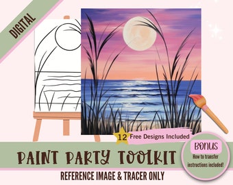 Summer Moonlit Beach Paint Party Printable Kit - Landscape Digital Sip and Paint Set for Adults - DIY Canvas Art with Pre-drawn Stencil