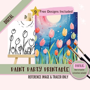 Voorgetekende tulp landschap slokje en verf canvas kit, lente verf party toolkit, bloemen DIY afdrukbare kunst voor kinderen en volwassenen, leuke ambachtelijke tracer