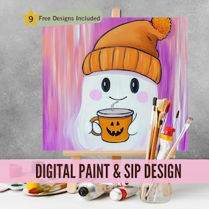 May include: Digital paint and sip design featuring a cute ghost wearing an orange beanie and holding a pumpkin-shaped mug of hot cocoa. The design is perfect for a Halloween-themed paint night.