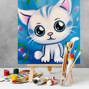 Digital paint party toolkit for adults featuring a cute kitten design. This pre-drawn canvas stencil is perfect for DIY art projects, paint and sip parties, home decor, and gifts. Ideal for crafters, paint party hosts