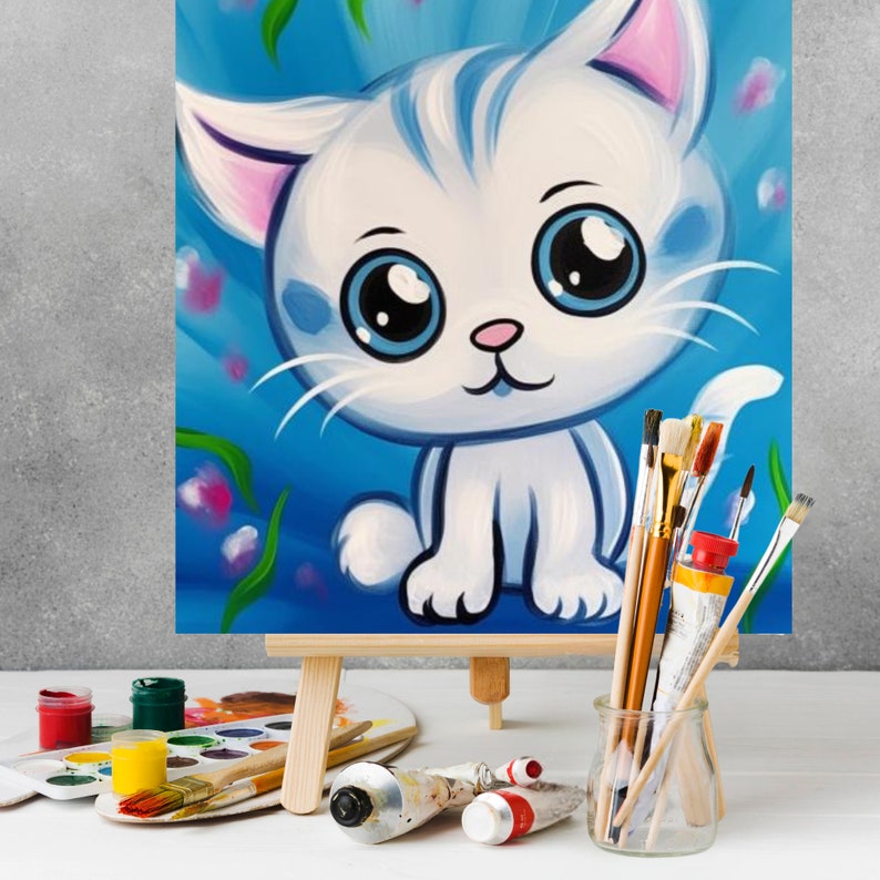Digital paint party toolkit for adults featuring a cute kitten design. This pre-drawn canvas stencil is perfect for DIY art projects, paint and sip parties, home decor, and gifts. Ideal for crafters, paint party hosts
