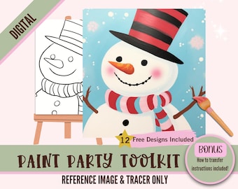 Winter Holiday Snowman Paint Party Printable Kit - Digital Sip and Paint Set for Kids & Adults - DIY Snowy Canvas Art with Pre-drawn Stencil