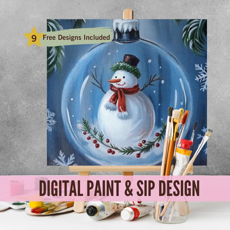 Snow Globe Sip and Paint Party Kit Canvas, Snowman Pre Drawn Template ...